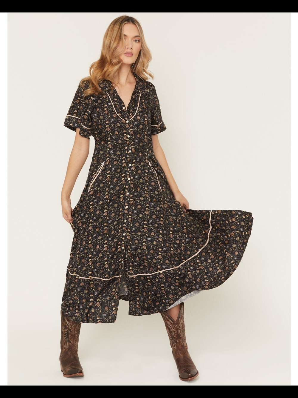 Sendero Black Floral Maxi Dress with Cream Trim
